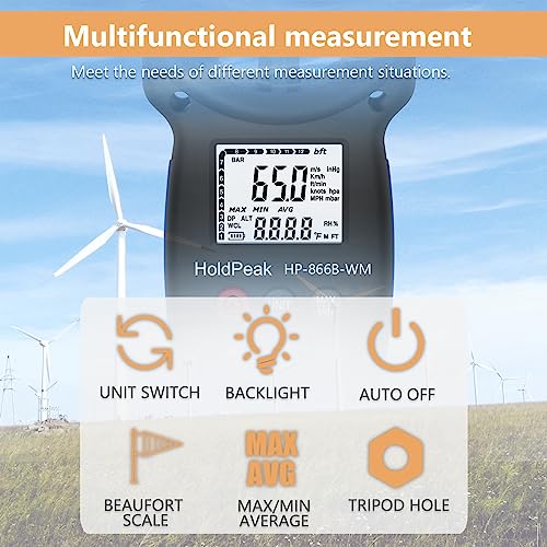 HoldPeak Handheld Anemometer Barometer, Weather Meter for Wind Speed, Temperature, Humidity, Dew Point, Altitude, Barometric Pressure, Wind Chill Measuring, Digital Wind Guage 866B-WM - color: 866B-WM (1 PC)