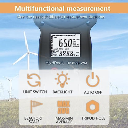 HoldPeak Handheld Anemometer Barometer, Weather Meter for Wind Speed, Temperature, Humidity, Dew Point, Altitude, Barometric Pressure, Wind Chill Measuring, Digital Wind Guage 866B-WM - color: 866B-WM (1 PC)