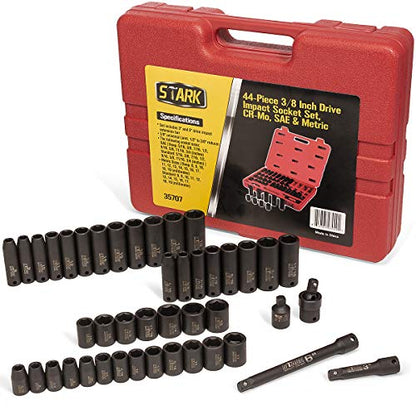 Stark USA 44-Pieces Impact Socket Drive Set 6-Point SAE & Metric Deep Shallow Standard 3/8" Drive SAVE (5/16" - 3/4-in) and Metric (8mm - 19mm) Extension Bar + Carrying Case - style: 44pcs SAE/Metric Impact Socket Set