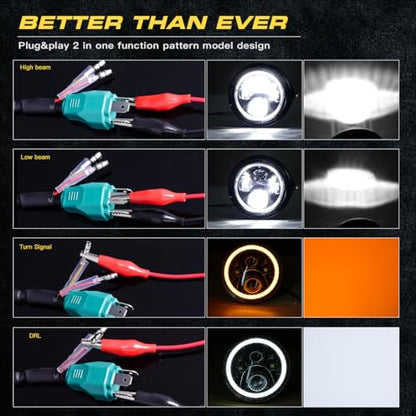 7 Inch LED Motorcycle Headlight Round DOT Approved With Housing Bucket Turn Signals DRL Halo Ring Angle Eyes Hi/Lo Beam Headlight w/Fork Clamp Bracket for H-arley Honda Yamaha Motorcycle - size: 7in Motorcycle Headlight with Halo Ring DRL
