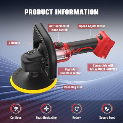 Rotary Buffer Polisher Kit for Milwaukee 18V/M18 Battery (Tool Only) - color: Red