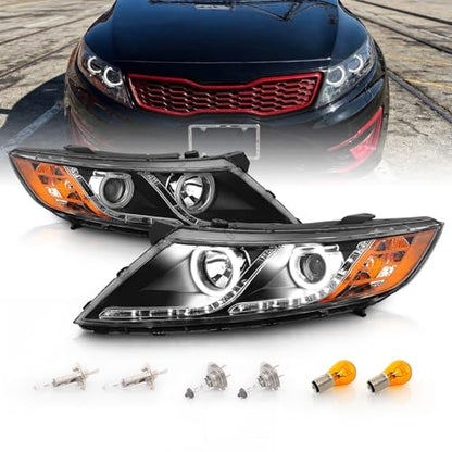 AmeriLite for 2011-2015 Kia Optima Halogen Model Xtreme LED Halo Rings Projector Black Replacement Headlights Set - Driver and Passenger Side - color: Black