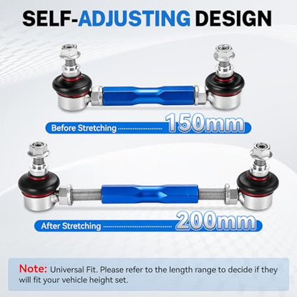 150mm-200mm Universal Adjustable Sway Bar End Links, Modified Aluminium Stabilizer Sway Bar End Link with M10 Stud and 12mm Spacer Washer