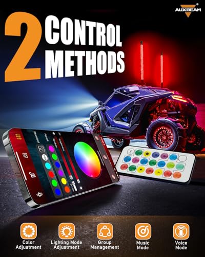 Auxbeam 2PCS 2.2FT RGB LED Whip Lights, Bluetooth APP & Remote Control
