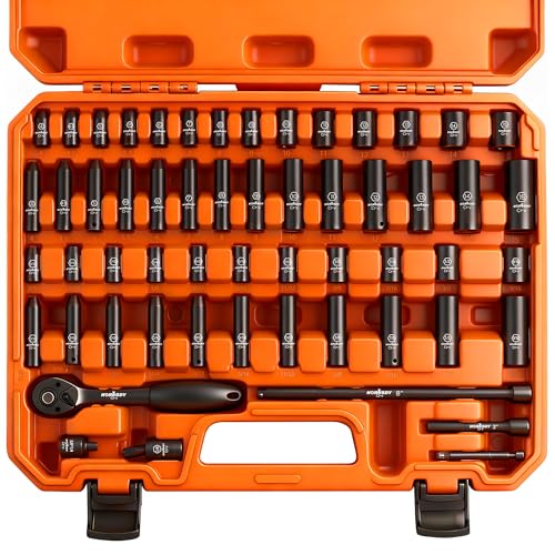 HORUSDY 56-Piece 1/4" Drive Impact Socket Set, Standard SAE (5/32 to 9/16 inch) and Metric (4-15mm) Size, 6 Point, Cr-V, 1/4-Inch Drive Ratchet Wrench, Drive Extension Bar, Impact Universal Joint - color: 56 Pcs Orange