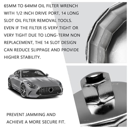 64mm-65mm 14 Flute Oil Filter Wrench with 1/2" Drive Port, Oil Filter Removal Tool Compatible with Honda, Acura, Nissan, Fits 15400-PLM-A02 & Wix 57356, Professional Automotive Oil Change Tool