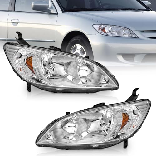 WEELMOTO Halogen Headlights Assembly for 2004-2005 Honda Civic 2/4Door - color: Clear Lens I Chrome Housing I Amber Reflector