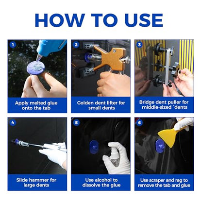 Car Dent Puller Kit,125 PCS Dent Repair Tool,Paintless Dent Removal with Golden Lifter,Bridge Puller,Slide Hammer T-Bar,Suction Cup Dent Puller for Auto Body Dents,Repairing Big and Dents, Dings - style: 125PCS