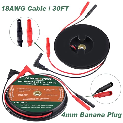 2 Wires 30FT 18AWG Retractable Test Leads with Cable Bag