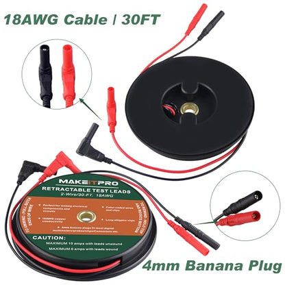 2 Wires 30FT 18AWG Retractable Test Leads with Cable Bag