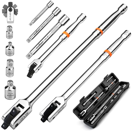 HORUSDY 10-Piece Dual-Drive Breaker Bar Set, Heavy-Duty Torque Kit with 360° Rotatable Head, Premium Cr-V Steel, Spring-loaded Detent Ball, Extension Bars & Socket Adapters, Durable Storage Case - color: Dual-drive Breaker Bar Set Silver