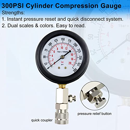 JoyFans 0-300 PSI Compression Tester Automotive Tool, Petrol Gas Engine Cylinder Pressure Test Kit with Gauge Adapter M10 M12 M14 M18 for Small Engine Cars Motorcycles Trucks SUVs Black