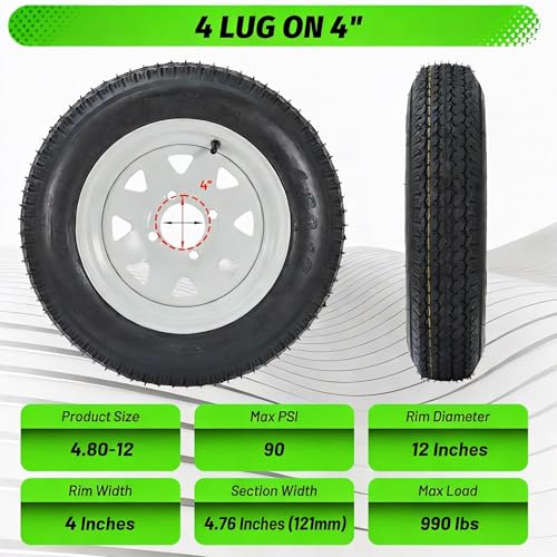 2 Pack 4.80-12 4.80x12 480-12 4.80-12 Trailer Tires with 12'' Rims, 4 Lug on 4'', Load Range C 6PR - size: 480-12, style: 4 Lug
