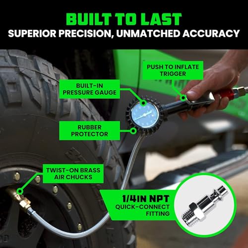 Rhino USA Tire Pressure Gauge with Inflator (0-100 PSI) - Braided Hose - style: 100psi Analog