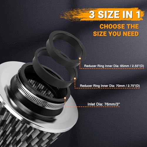 3" Cold Air Intake Filter with 65mm/2.55", 70mm/2.75" Reducer Ring Flange Diameter 3inch/76mm Air Intake Filter Kit - Silver - color: silver