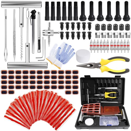 160 PCS Tire Repair Kit, Tubeless Tire Plug Kit with 50 Repair Strips, 48 Inner Tube Patches, 12 Screw-in Plugs, 6 Valve Stems, Metal T-Handles, Pressure Gauge, Gloves and Hard Case - color: 160PCS Roadside Kit