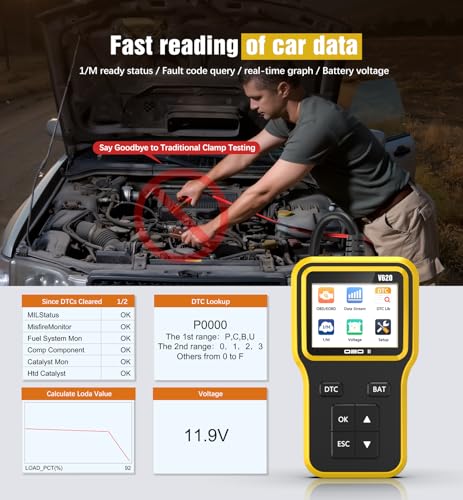 OBD2 Scanner & Battery Tester, Car Diagnostic Tool for Check Engine Light - color: yellow