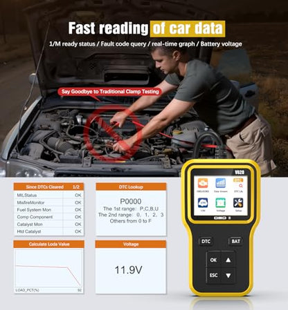 OBD2 Scanner & Battery Tester, Car Diagnostic Tool for Check Engine Light - color: yellow