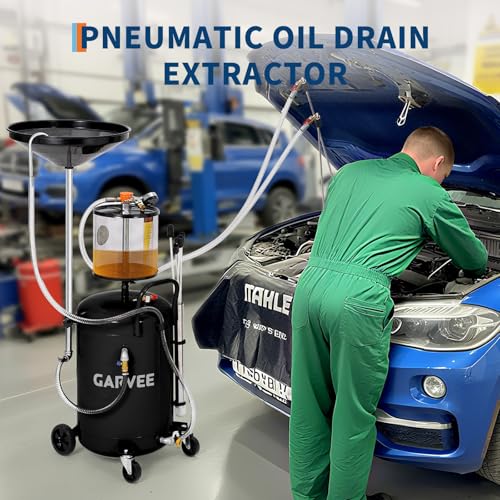Garvee 20 Gallon Waste Oil Drain Tank, Air Operated Portable Oil Drainer with Adjustable Funnel, Fluid Fuel Transfer Drainage with Wheels, Oil Change Container for Automotive Workshops - size: 20 Gallon - Measuring Cup - Black