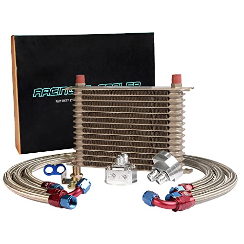 PIT66 Universal AN10 Engine Transmission Oil Cooler Compatible with Japanese Model Gold 15 Row Aluminum with Filter Relocation Kit A Set - color: Gold, size: 15 Row Japanese Model-A Set