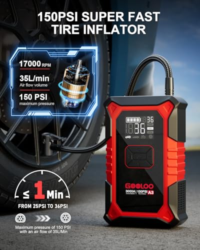 GOOLOO A3 12V 3000A Portable Jump Starter with Air Compressor - color: Red