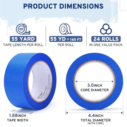 24 Rolls Painters Tape 2 Inch Wide, Blue Masking Tape Bulk 1320 Yards - size: 2 inch wide