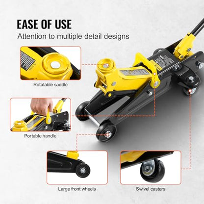 VEVOR Low Profile Floor Jack 1.5 Ton (3300 lbs), Heavy Duty Iron Hydraulic Racing Floor Jack, Hydraulic Car Jack, Single Piston Quick Lift Pump, 4.7"-12.1" Height Lifting Range (Yellow) - size: 1.5T