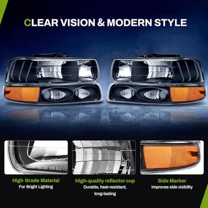 AUTOSAVER88 Headlight Assembly Compatible with 99-02 Chevy Silverado Black - color: Black