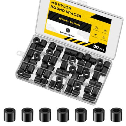 Vibit 50 Pcs M8 Nylon Spacers for Screws, ID 8 mm & OD 14 mm, 12 mm Length, Non-Threaded Plastic Spacers Round Spacers for M8 Screws, Electrical Outlet Spacers, Screw Spacers for Circuit Board, Black - size: M8,50PCS