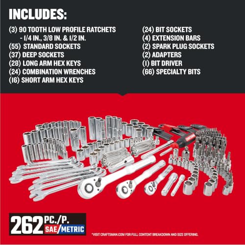 Craftsman 262-Piece Mechanic Tool Set with 3-Drawer VERSASTACK Box, SAE and Metric Socket Set, Car and Motorcycle Tool Kit with Combination Wrenches and Spark Plug Sockets, 90-Tooth (CMMT45309) - style: Craftsman 262-Piece Mechanic Tool Set with 3-Drawer