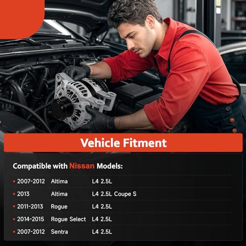 New Alternator Fit for L4 2.5L Nissan 2007-2012 Altima, 2007-2012 Sentra, 2011-2013 Rogue, 2014 2015 Rogue Select, Replacement for 11258, 23100-JA02A, TG12C032, AVA0074, TG12S217, 11258N