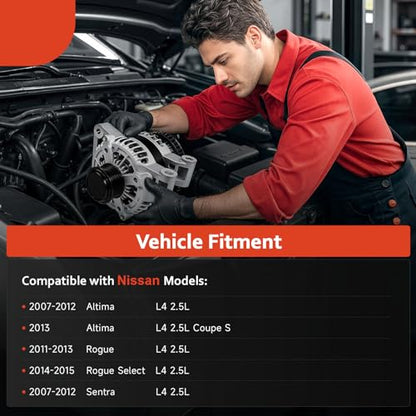 New Alternator Fit for L4 2.5L Nissan 2007-2012 Altima, 2007-2012 Sentra, 2011-2013 Rogue, 2014 2015 Rogue Select, Replacement for 11258, 23100-JA02A, TG12C032, AVA0074, TG12S217, 11258N