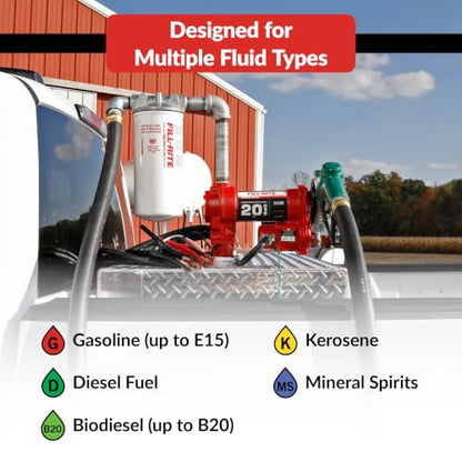 Fill-Rite FR4210HBFQ 12V 20 GPM Fuel Transfer Pump with Standard Filter Package - Gasoline, Diesel, Kerosene, Ethanol Blends, Methanol Blends & Biodiesel - style: Large Filter Package & Green Hi-Flow Nozzle