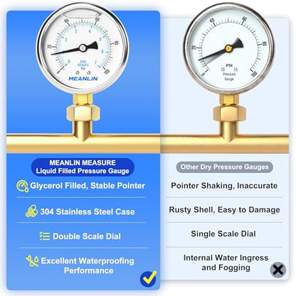 MEANLIN MEASURE 0~100Psi Stainless Steel 1/4" NPT 2.5" FACE DIAL,Liquid Filled Pressure Gauge,WOG Water Oil Air Lower Mount (Pack of 2), with 1/2" NPT and 3/8" NPT Hex Bushing - size: 0-100Psi (2Pcs)