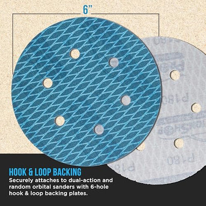 ProductionShop Premium 180 Grit 6" Rhombus Diamond Shape Blue Sanding Discs, 6-Hole, Box of 50 - Hook & Loop Anti-Clogging J-Cloth Dustless Sandpaper for Random Orbital Sanders, Sand Auto Paint, Wood - style: 180 Grit