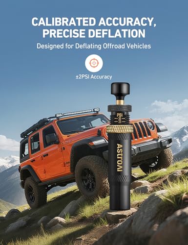 AstroAI Tire Deflator Kit 4-Pack, Automatic Anti-Corrosive Screw-On Air Down Tool Adjustable 10-30 PSI for Off-Road Vehicle SUV 4x4, Includes 4 Valve Caps Zipper Closure Bag