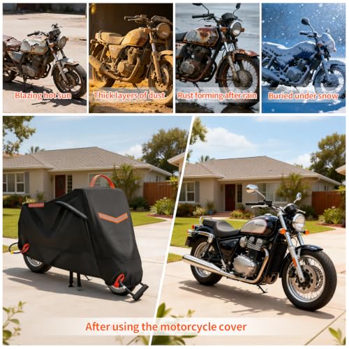 Motorcycle Cover Waterproof Outdoor, 420D Heavy‑Duty Thick Powersports Vehicle Covers with Breathable Vent Windows, Fits Up to 104 Inch, Lock-Holes, Storage Bag & Night Reflective Design - size: 3XL