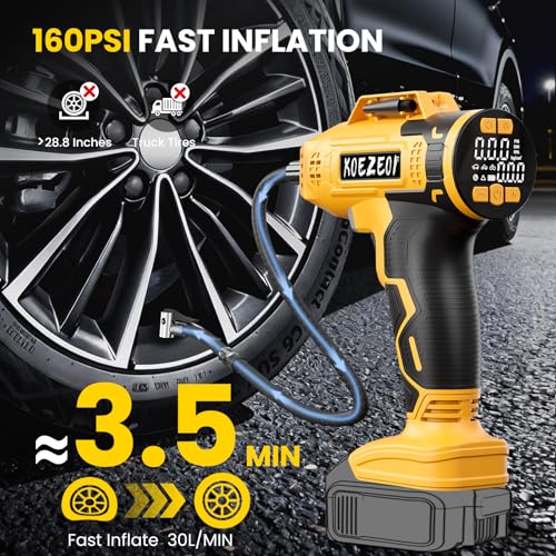 Cordless Tire Inflator Portable Air Compressor Compatible with Dewalt 20V Battery, 160PSI Electric Air Pump with 12V Car Power Cable Dual Mode and Digital Pressure Gauge LED Light for Car and Balls