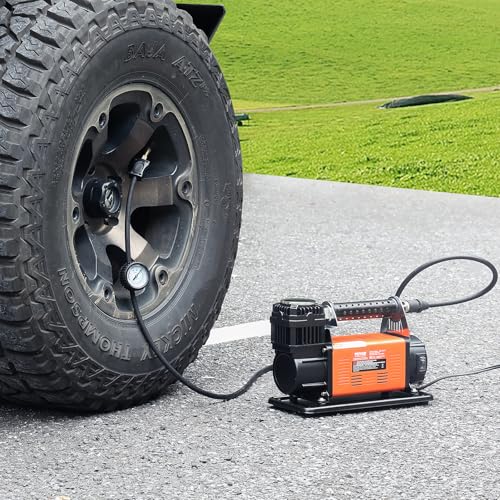 VEVOR 12V Portable Tire Inflator, 7.06CFM Heavy Duty Air Compressor, 150PSI Offroad Air Pump with Adapters for Car SUV RV Truck - Include 6.5FT Power Cord, 26FT Air Hose with Pressure Gauge, Carry Bag - style: 7.06CFM