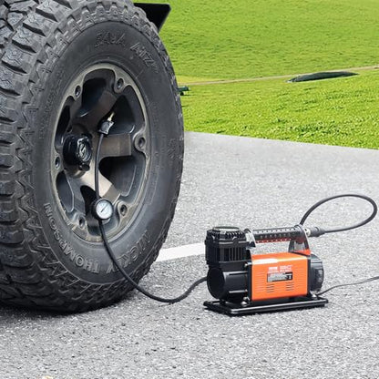 VEVOR 12V Portable Tire Inflator, 7.06CFM Heavy Duty Air Compressor, 150PSI Offroad Air Pump with Adapters for Car SUV RV Truck - Include 6.5FT Power Cord, 26FT Air Hose with Pressure Gauge, Carry Bag - style: 7.06CFM