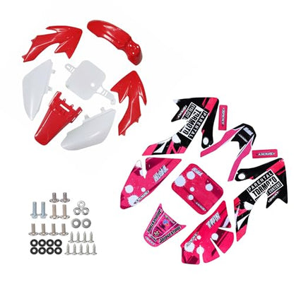 CRF50 Plastic Fairing and Pink Graphics Stickers Kit for compatible with XR50 CRF50 SDG SSR Pit Dirt Bike Motorcycle 50cc 90cc 110cc 125cc 140cc 150cc 160cc Plastic Panel Screw Set (Red) - color: Red