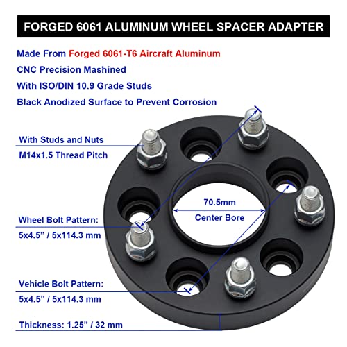 Black Forged 5x4.5 Hubcentric Wheel Spacers 1.25 Inch with 14x1.5 Studs 70.5mm Hub Bore, 5 Lug Wheel Spacer 5x114.3 Compatible with Mustang 2015-2024 | Explorer 2020-2024 - Pack of 2 - size: 1.25 Inch-Pack of 2