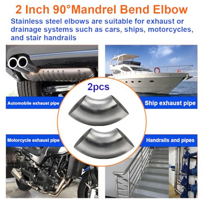 2 Inch 90 Degree SS304 Stainless Steel Bend Tube Exhaust Elbow Pipe for Car Modified Exhaust System 2" Piping Silver Tone，Stair Handrail (2pcs) - size: 2"