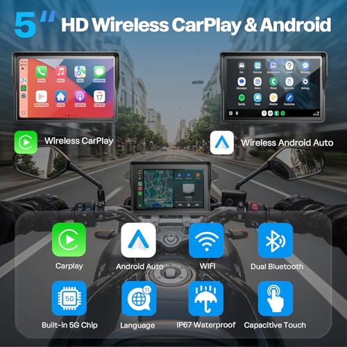 WonVon 5 Inch Motorcycle Carplay GPS Navigation System with Apple Carplay and Android Auto Portable Screen with Dual Bluetooth, Navigation, Siri, Google Assistant - size: 5 Inch