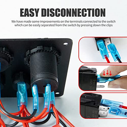 FXC 5 Gang Rocker Switch Panel with Dual USB Slot Socket 5V 4.2A + Cigarette Lighter + Voltmeter for Marine Boat Car Rv Vehicles Truck 12-24V Waterproof Blue LED (5B Green) - color: Green