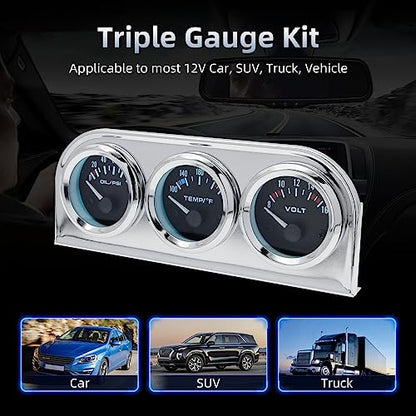 ARTILAURA 52mm Triple Gauge Set (Oil Pressure + Water Temp + Volt) 3 in1 Black AUTO Gauges 3 Set Cluster Kit Dashboard with Silver Console for 12V Cars - color: Silver & Black
