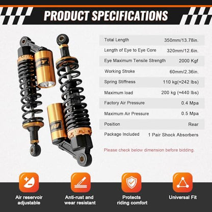 12.6" Universal Motorcycle Rear Air Shock Absorbers Adjustable - color: Gold