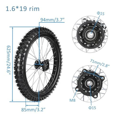 19" Front Wheel Assembly – 70/100-19 Knobby Tire & Inner Tube with 1.6x19 Steel Rim, 15mm & 12mm Bearings for Pit Dirt Bike, Motorcycle, Motocross SSR Taotao DBX1 Apollo Z20 Max (Front) - size: Front