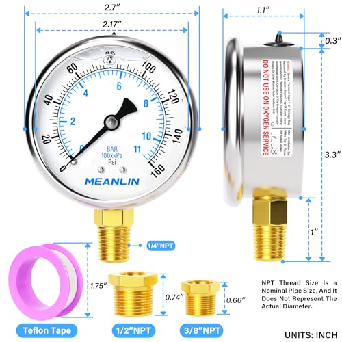 MEANLIN MEASURE 0~160Psi Stainless Steel 1/4" NPT 2.5" FACE DIAL Liquid Filled Pressure Gauge WOG Water Oil Air Lower Mount, with 1/2" NPT and 3/8" NPT Hex Bushing - size: 0-160Psi