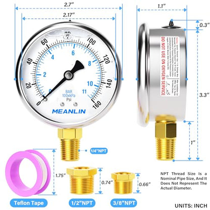 MEANLIN MEASURE 0~160Psi Stainless Steel 1/4" NPT 2.5" FACE DIAL Liquid Filled Pressure Gauge WOG Water Oil Air Lower Mount, with 1/2" NPT and 3/8" NPT Hex Bushing - size: 0-160Psi